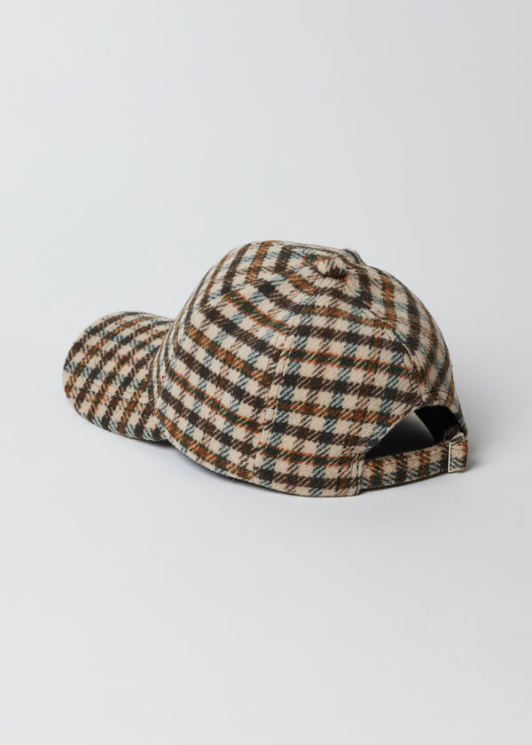 3/4 angle of ivory and brown small plaid baseball hat