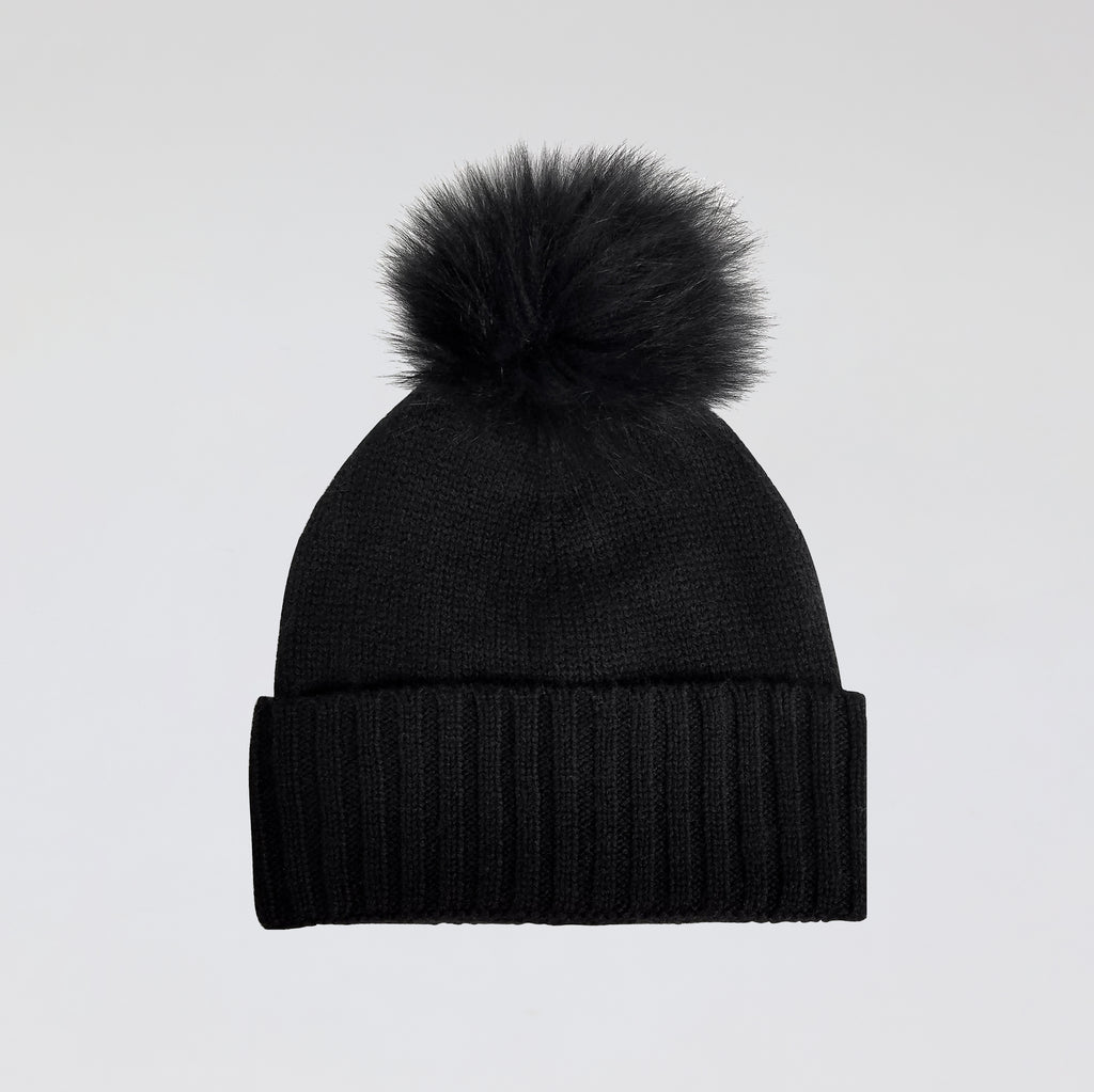 Cashmere Slouchy Cuff Beanie with Real Fur Pom- Black