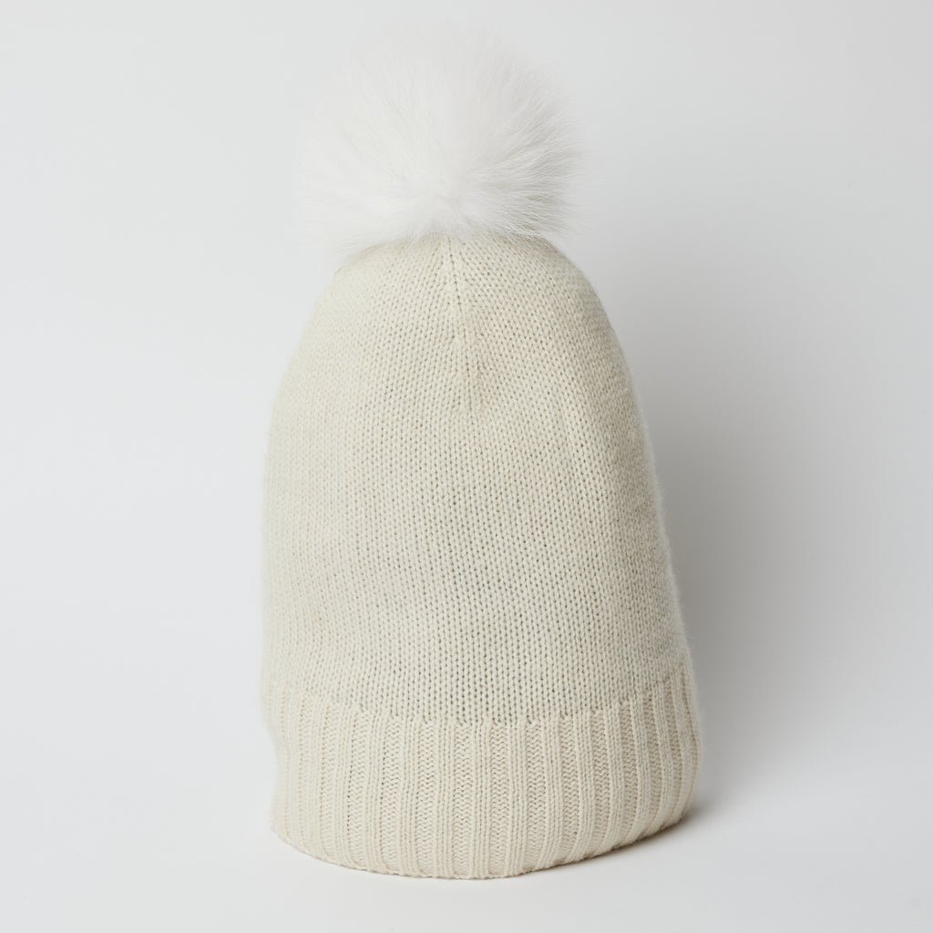 Cashmere Slouchy Cuff Beanie with Real Fur Pom- Ivory
