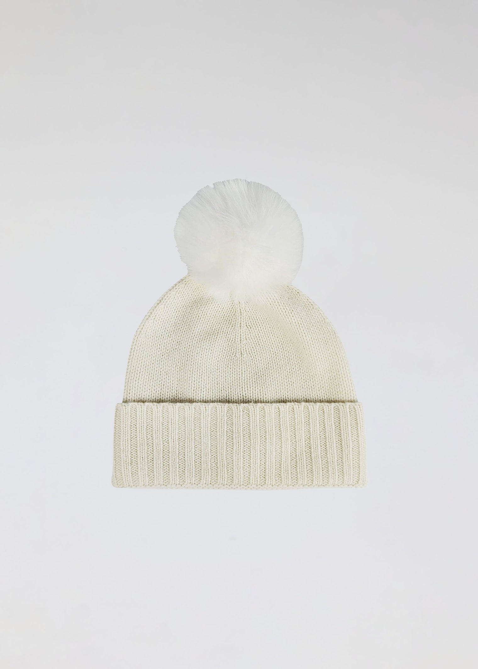 Ivory cashmere slouchy cuffed beanie with faux fur pom