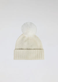 Ivory cashmere slouchy cuffed beanie with faux fur pom