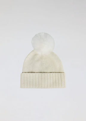 Ivory cashmere slouchy cuffed beanie with faux fur pom