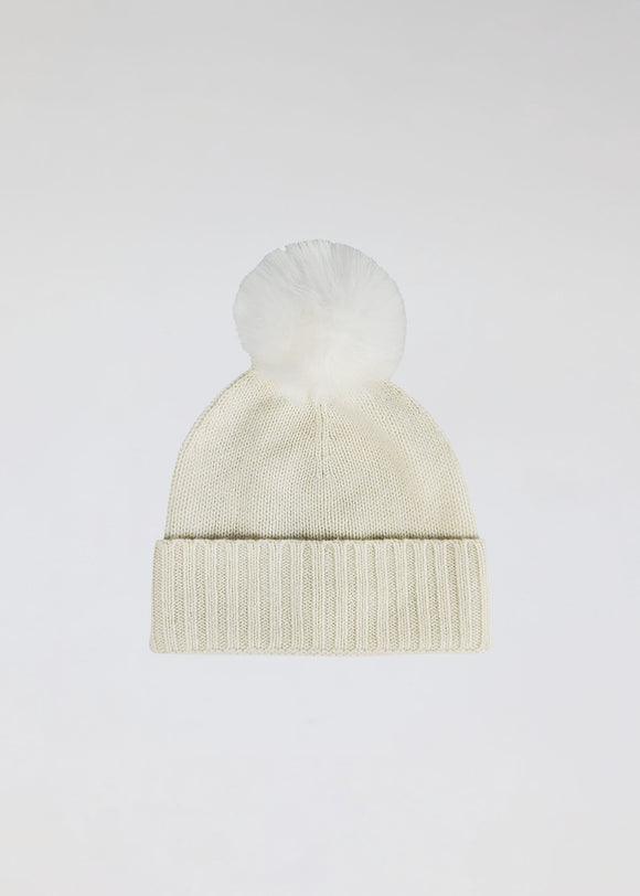 Ivory cashmere slouchy cuffed beanie with faux fur pom