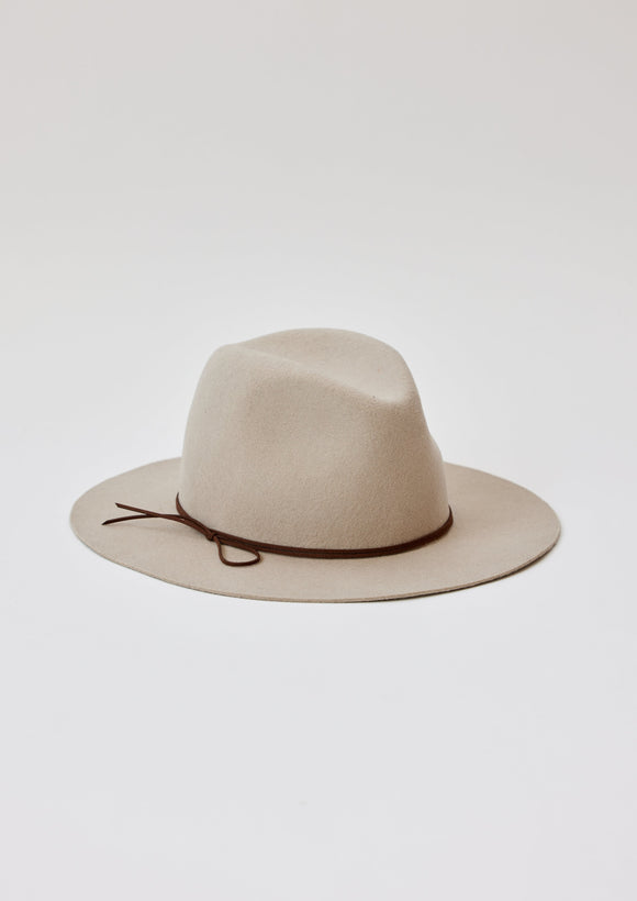 Beige wool felt brimmed hat with brown tie detail