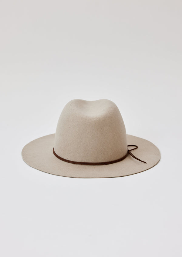Back of beige wool felt brimmed hat with brown tie detail