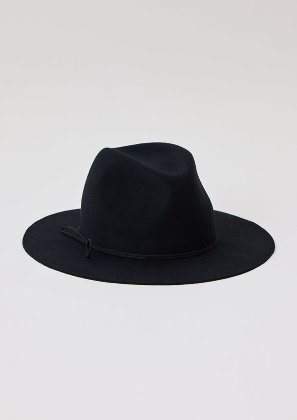 Black wool felt brimmed hat with black tie detail