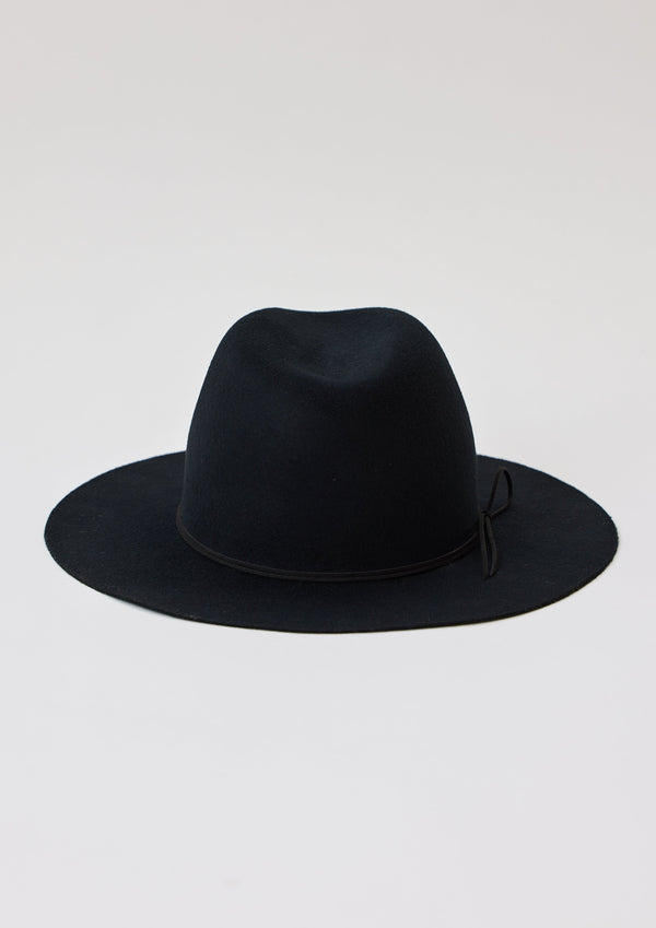 Back of black wool felt brimmed hat