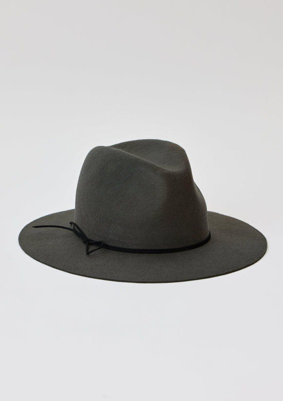 Charcoal wool felt brimmed hat with black tie detail