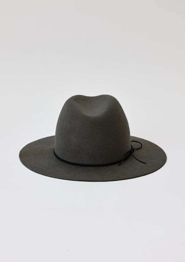 Front of charcoal wool felt brimmed hat and black tie detail