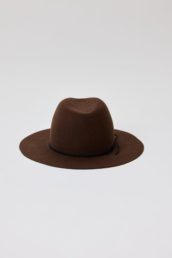 Back of brown wool felt brimmed hat
