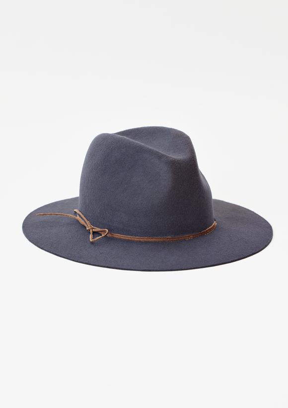 Dusty blue wool felt brimmed hat with brown tie detail