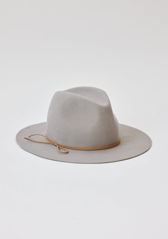 Light grey wool felt brimmed hat with tan tie detail