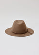 Back of taupe brown wool felt hat with brown tie detail