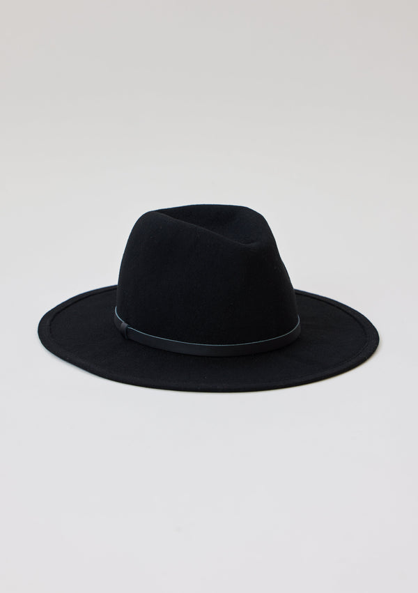 Black wool felt brimmed hat with black leather trim