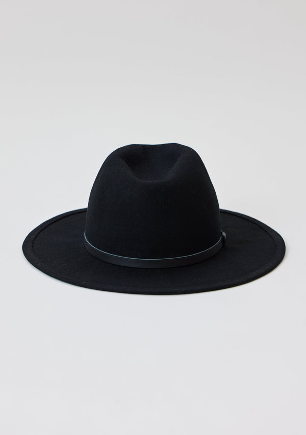 Back of black wool felt brimmed hat with black leather trim