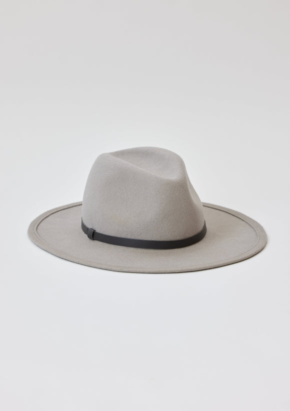 Light grey wool felt brimmed hat with charcoal leather trim