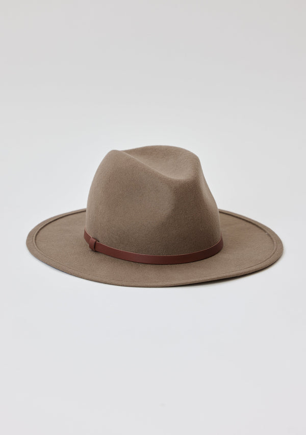 Taupe wool felt hat with brown leather trim