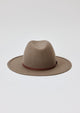 Back of taupe leather wool felt brimmed hat with brown leather trim 