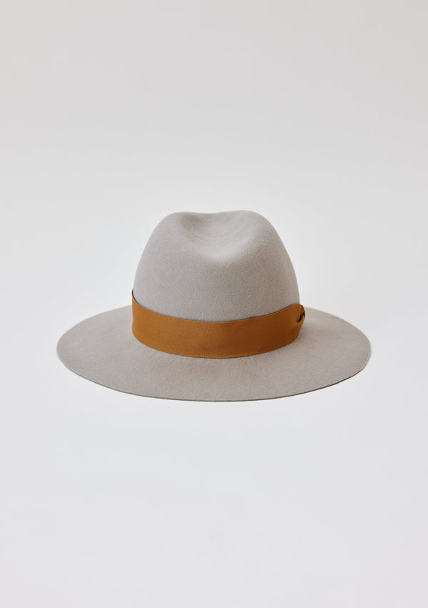 Back of light grey fedora with brown ribbon trim