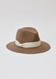 Taupe brown wool felt hat with ivory ribbon
