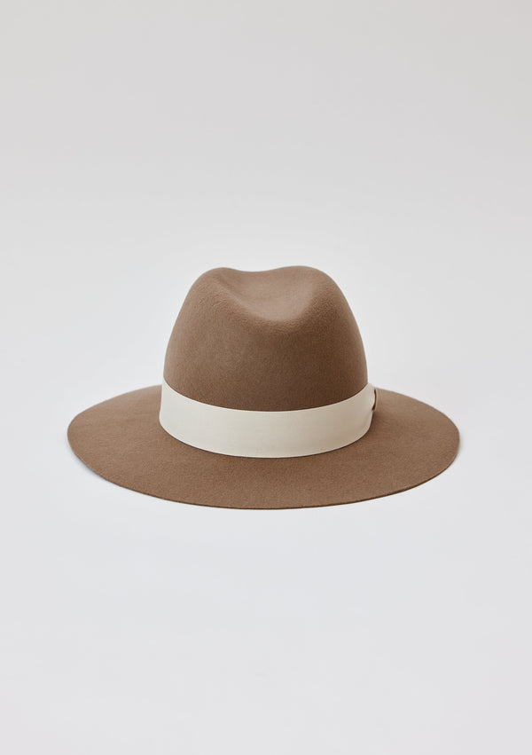 Back of taupe brown wool felt hat with ivory ribbon