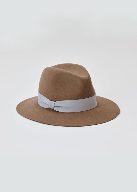 Taupe wool felt brimmed hat with light grey ribbon
