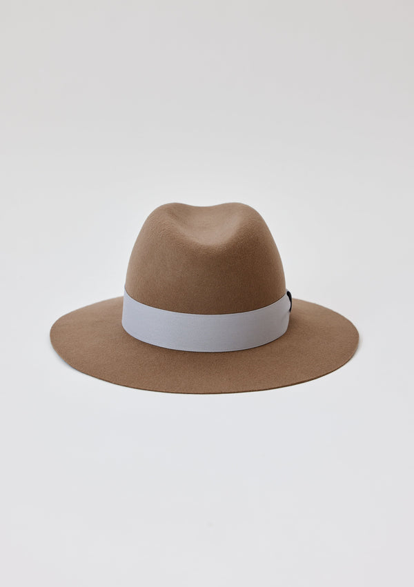 Back of taupe brown wool felt hat with light grey ribbon
