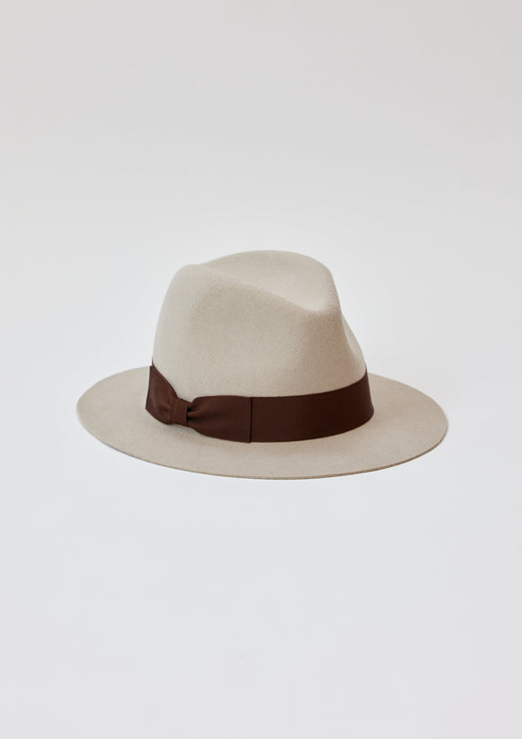 Beige fedora with brown bow trim