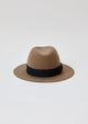 Back of taupe brown fedora with black ribbon trim
