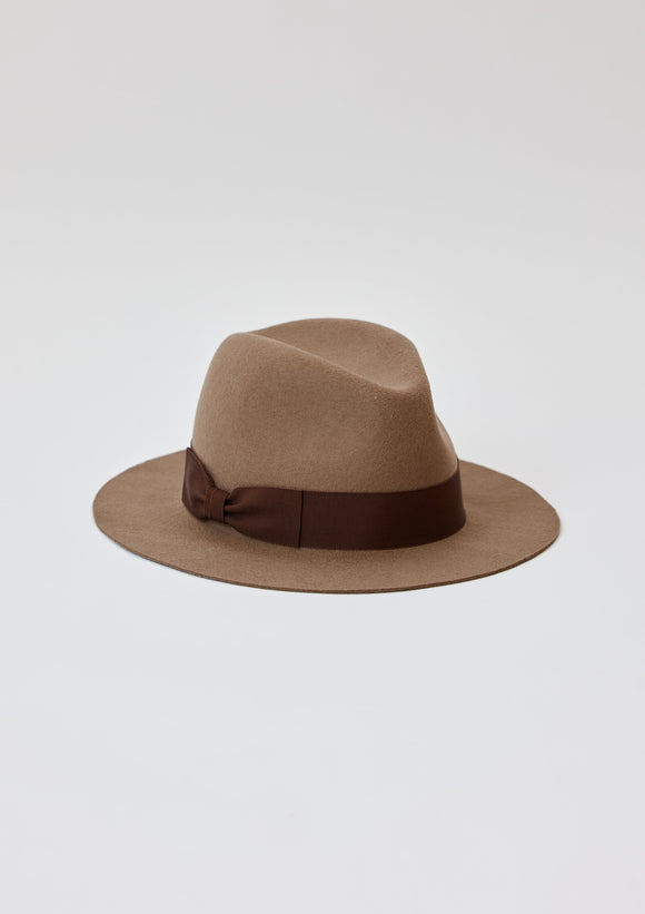 Taupe brown fedora with brown bow trim
