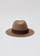 Back of taupe brown fedora with brown ribbon trim