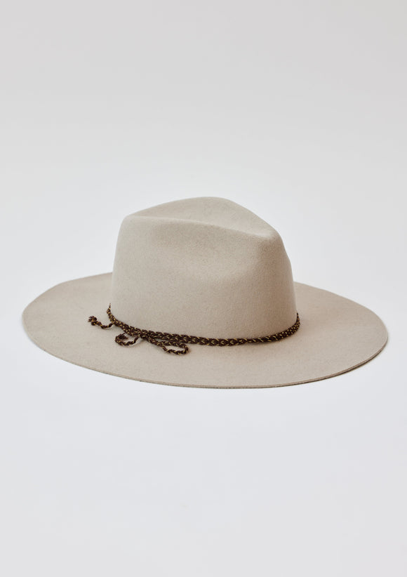 Beige felt brimmed hat with brown chain trim detail
