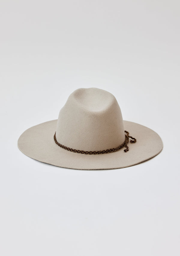 Back of beige felt brimmed hat with brown chain trim detail