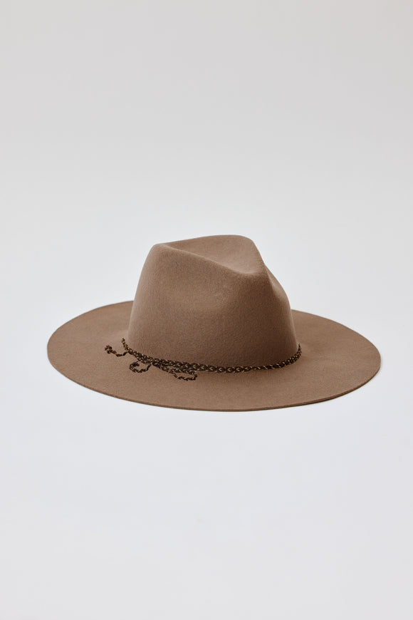 Taupe brown wool felt brimmed hat with brown chain trim