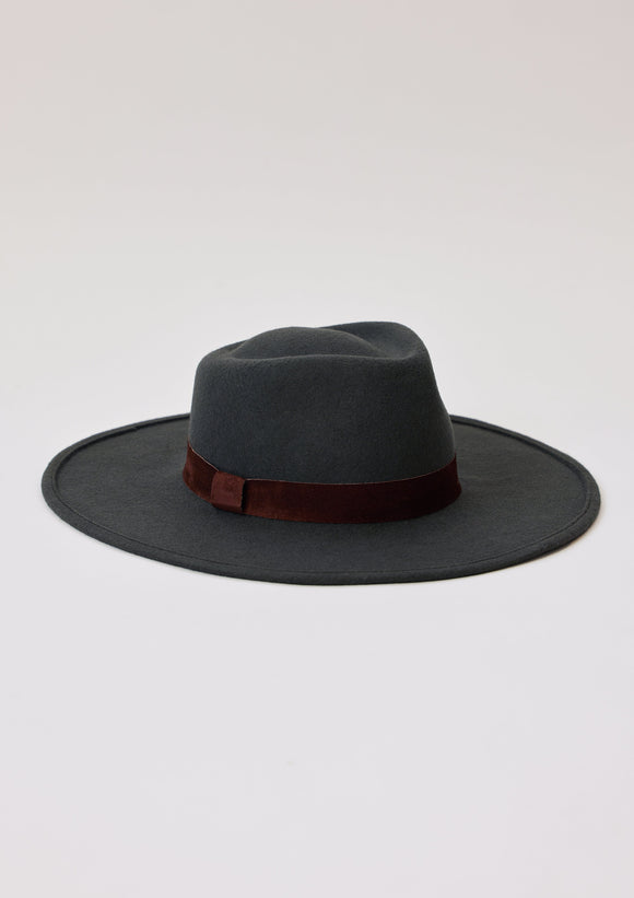 Charcoal grey felt brimmed hat with brown trim