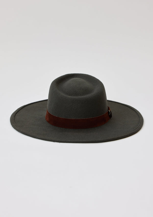 Back of charcoal grey felt brimmed hat with brown trim
