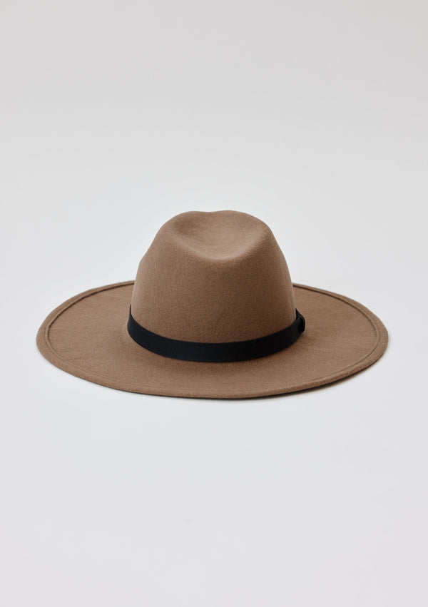 Back of taupe wool felt brimmed hat with black trim