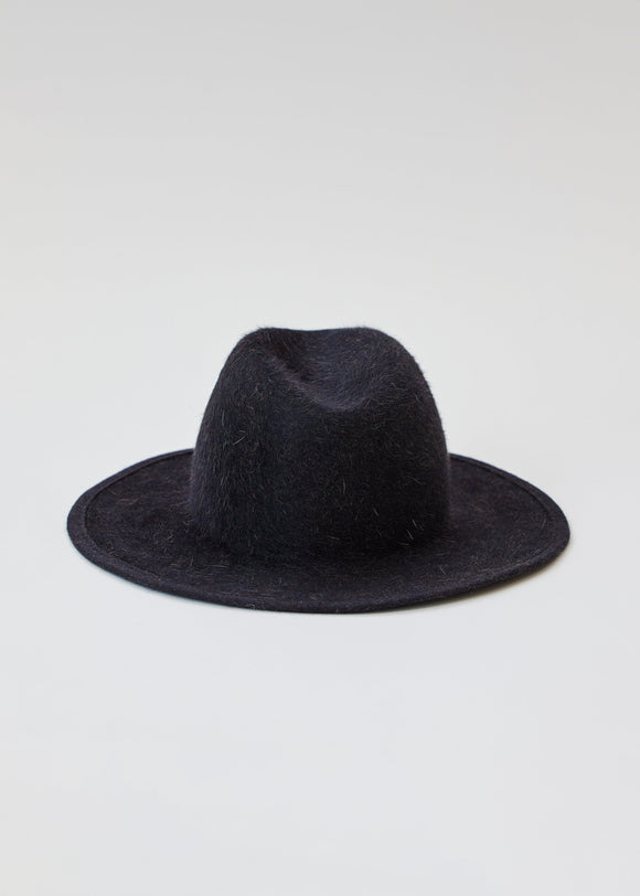 Back of black velour brimmed hat