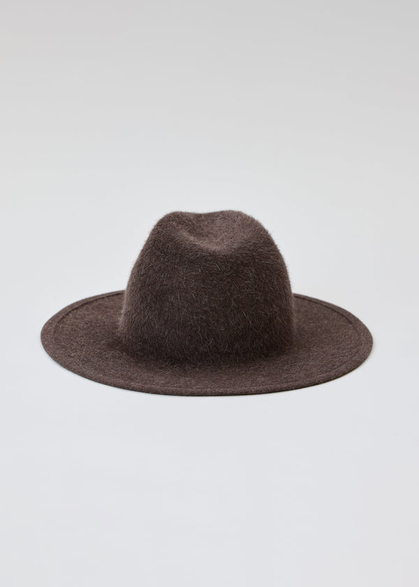 Back of brown velour brimmed hat