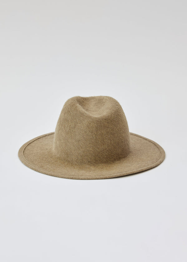 Back of tan velour brimmed hat