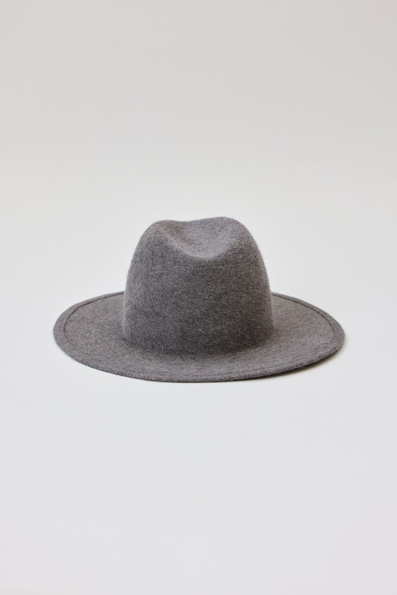 Back of grey velour brimmed hat