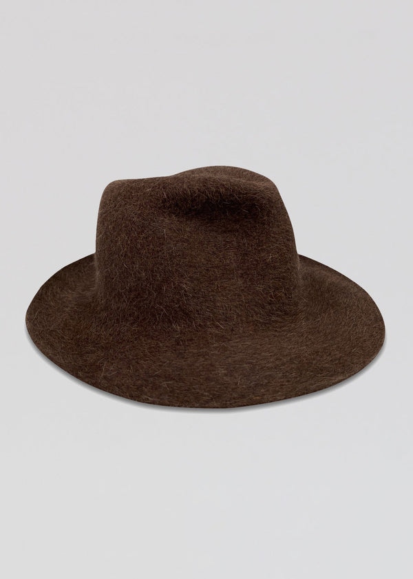 Brown velour brimmed hat with pinched crown