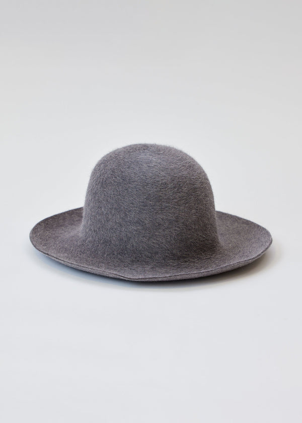 Light grey velour brimmed hat with brim flipped up