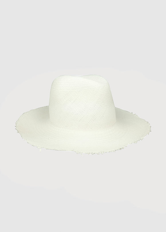 White sun hat with fringed brim
