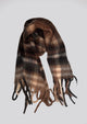 Black, brown and tan plaid scarf with fringe detail