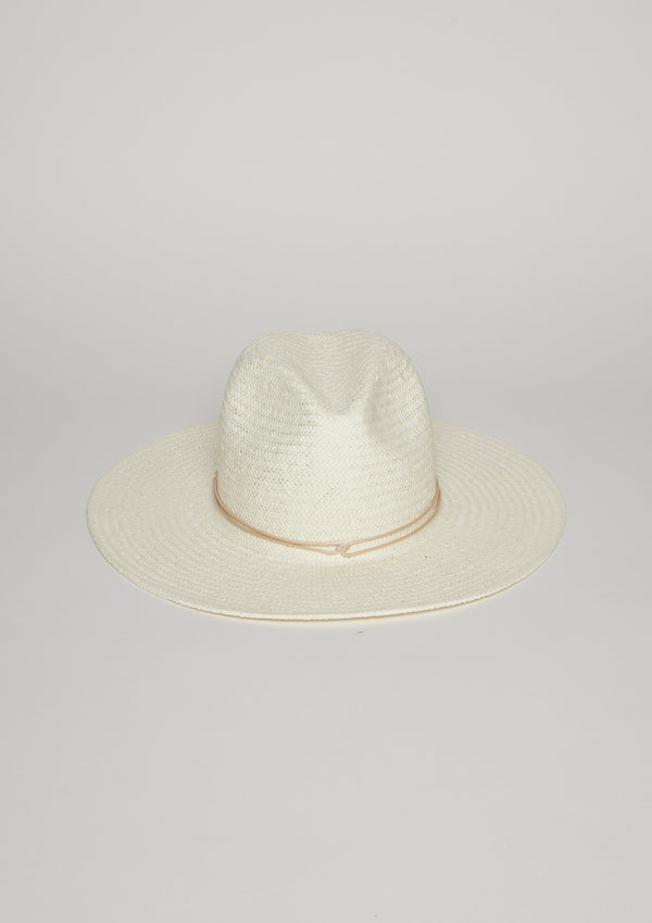 Front of white sun hat with tan tie detail
