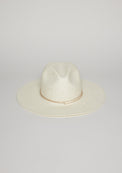 Front of white sun hat with tan tie detail