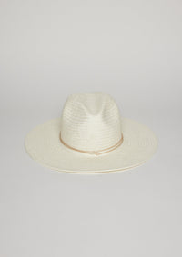 Front of white sun hat with tan tie detail