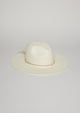 White brimmed sun hat with tan tie detail at crown