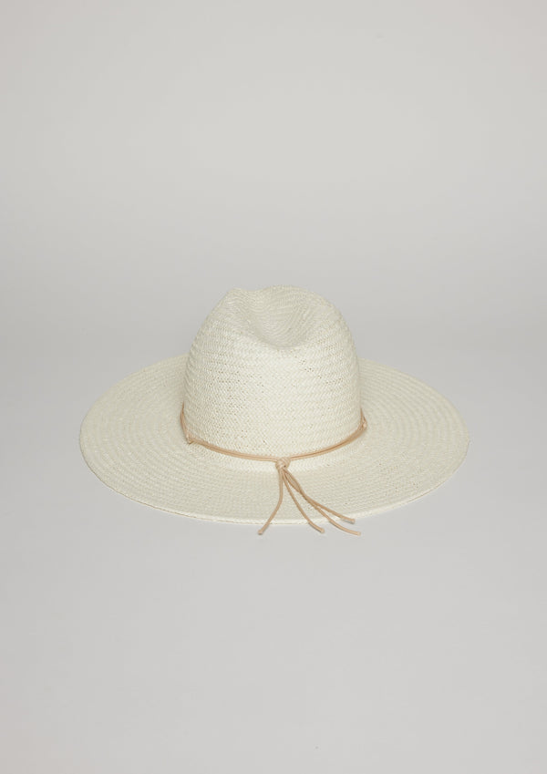 Back of white sun hat with tan tie detail